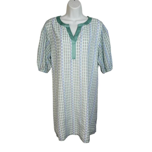 SEDGE Selma Dress Mini Puff Sleeve Notch Neck Luxury White Green Blue Large - Picture 3 of 11
